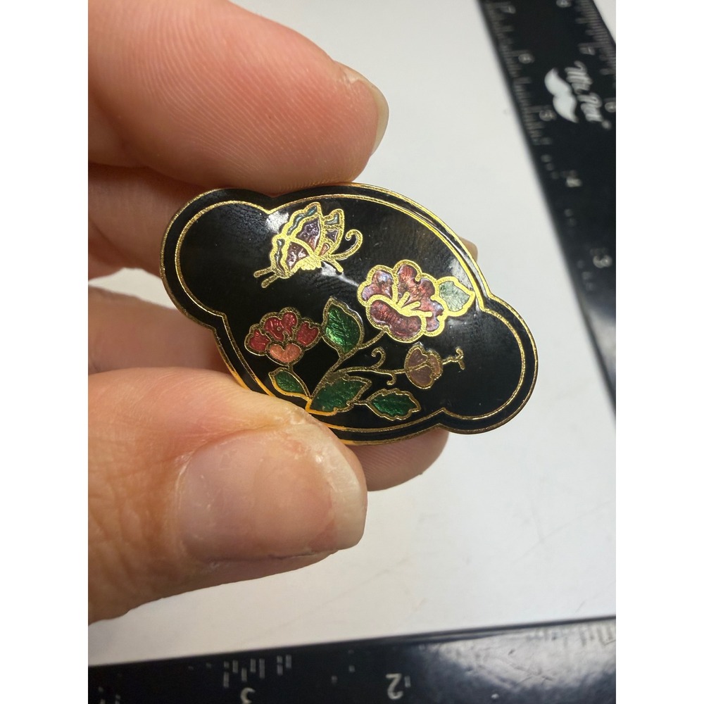 Black Cloisonne Enamel Butterfly Floral Scarf Slide Gold Tone Scalloped Oval